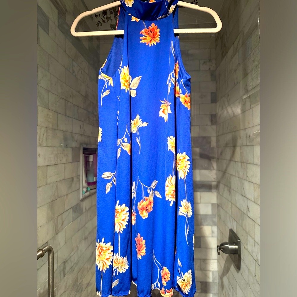 Lulus Navy Blue Floral Print Satin Halter Swing Dress